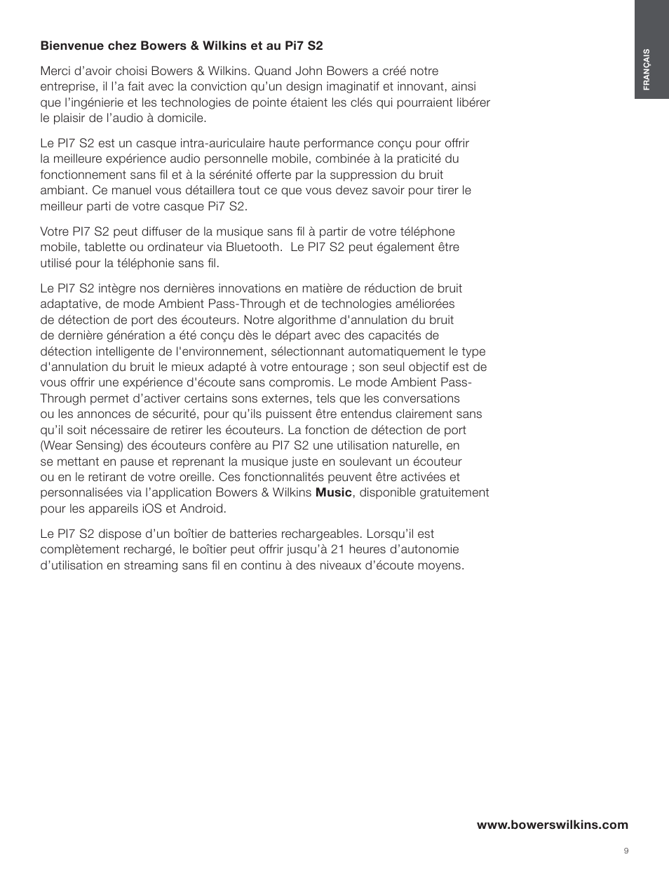 Français | Bowers & Wilkins Pi7 S2 Noise-Canceling True Wireless In-Ear Headphones (Satin Black) User Manual | Page 9 / 120
