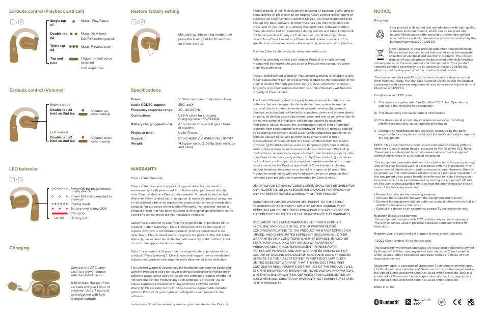 Cleer Arc True Wireless Open-Ear Earbuds (Midnight Blue) User Manual | Page 2 / 2