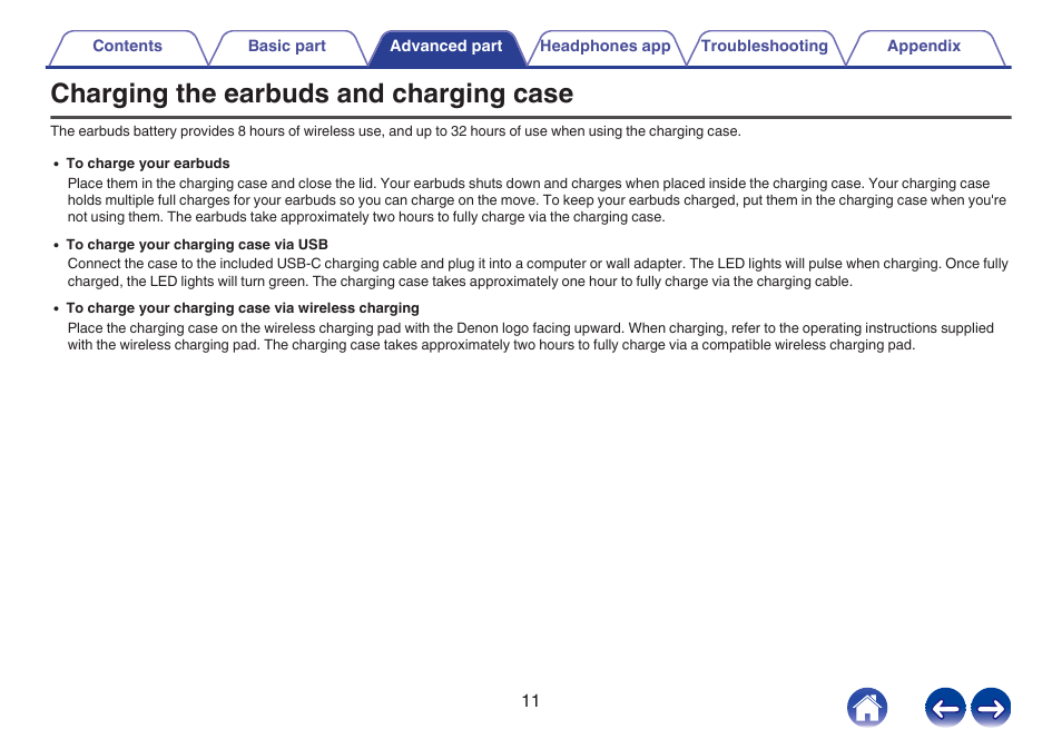 Advanced part, Charging the earbuds and charging case | Denon PerL Pro True-Wireless Earbuds User Manual | Page 11 / 35
