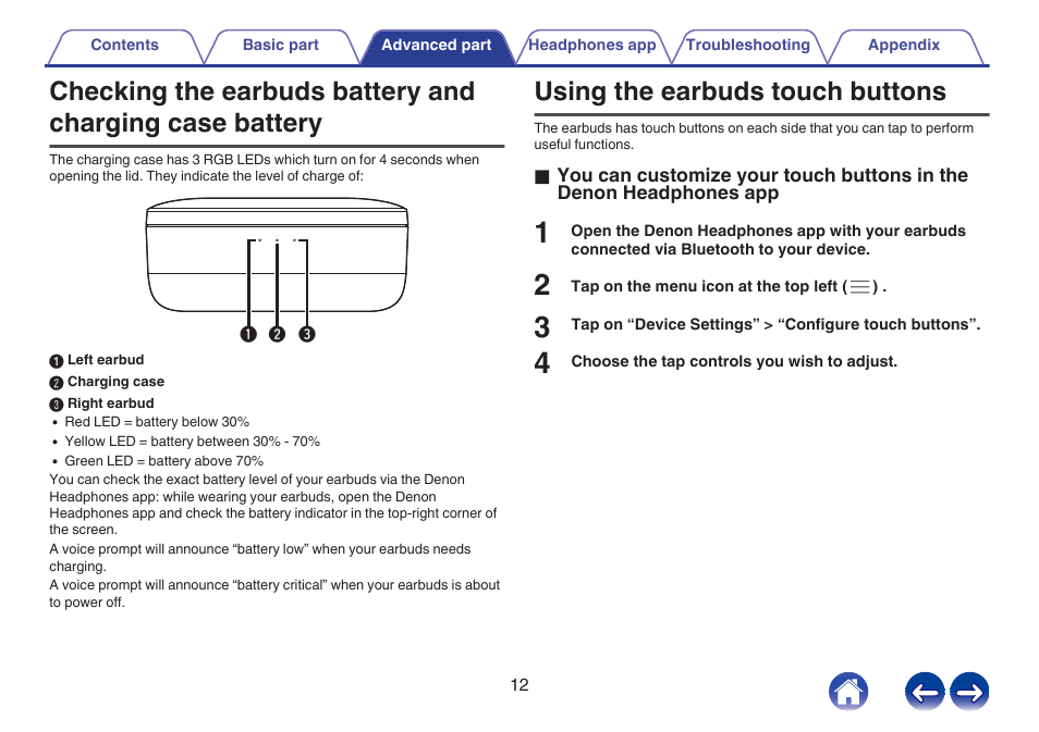 Using the earbuds touch buttons | Denon PerL Pro True-Wireless Earbuds User Manual | Page 12 / 35