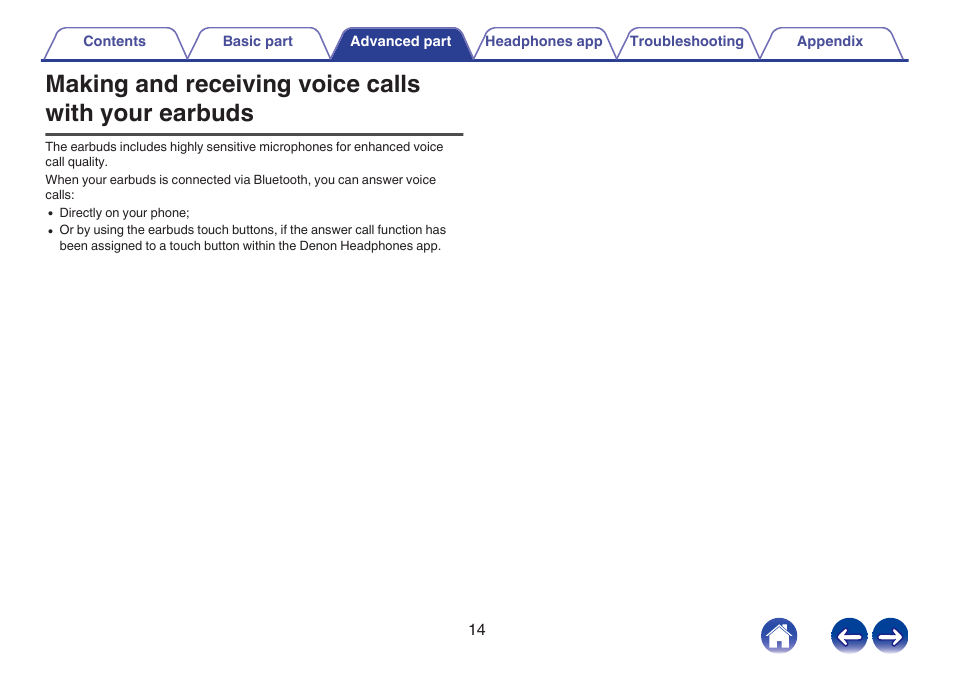 Making and receiving voice calls with your earbuds | Denon PerL Pro True-Wireless Earbuds User Manual | Page 14 / 35