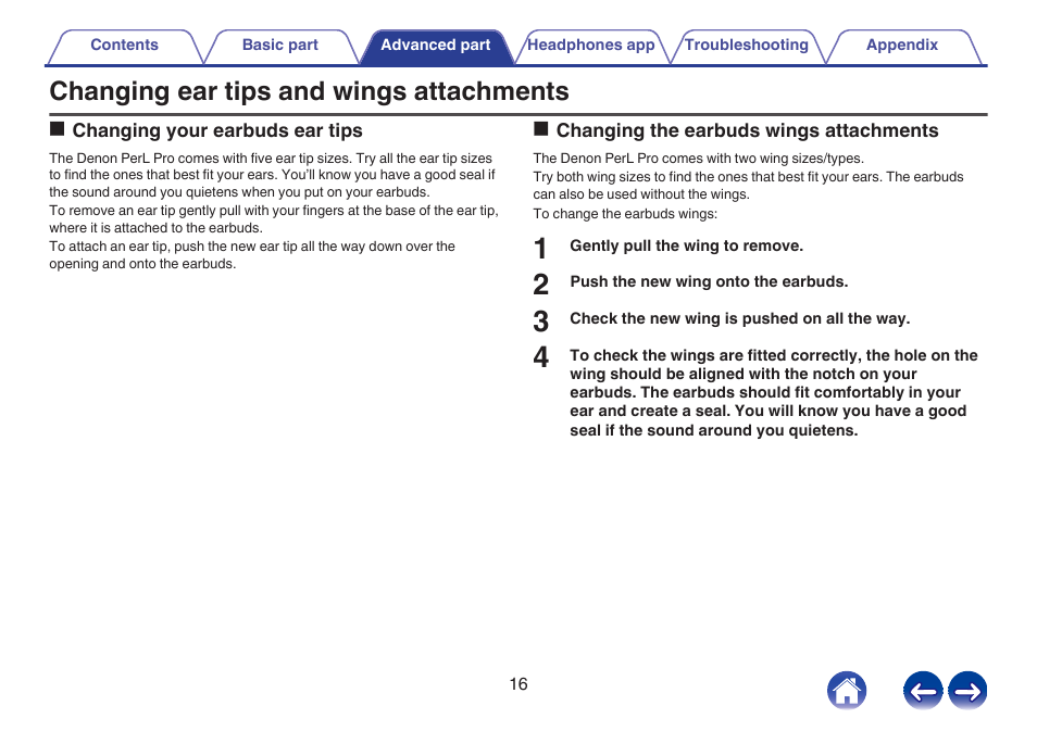 Changing ear tips and wings attachments | Denon PerL Pro True-Wireless Earbuds User Manual | Page 16 / 35