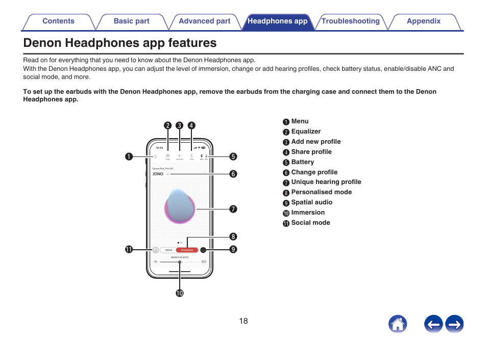 Headphones app, Denon headphones app features | Denon PerL Pro True-Wireless Earbuds User Manual | Page 18 / 35