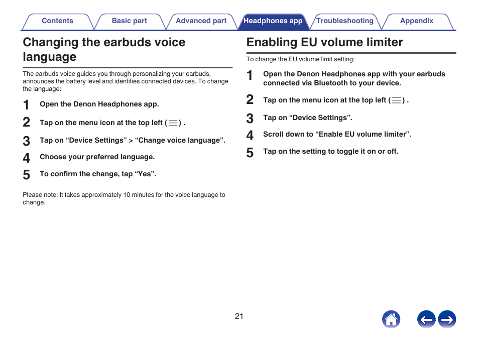 Changing the earbuds voice language, Enabling eu volume limiter | Denon PerL Pro True-Wireless Earbuds User Manual | Page 21 / 35