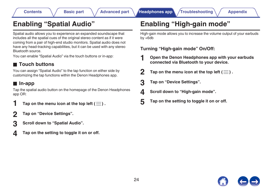 Enabling “spatial audio, Enabling “high-gain mode | Denon PerL Pro True-Wireless Earbuds User Manual | Page 24 / 35