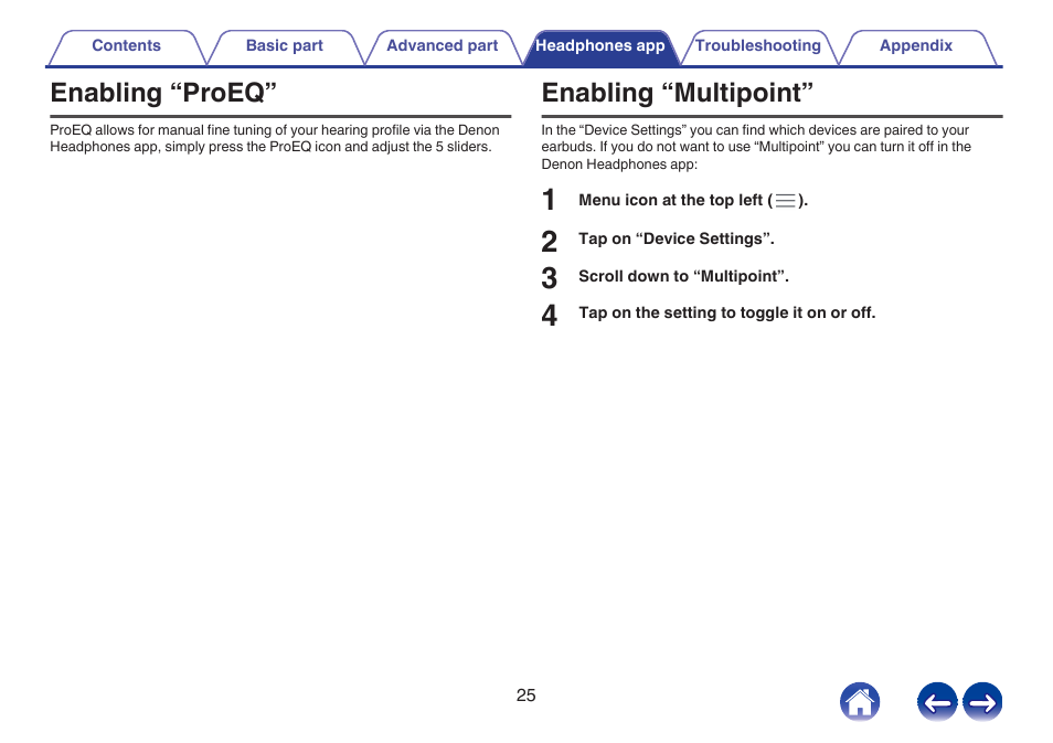 Enabling “proeq, Enabling “multipoint | Denon PerL Pro True-Wireless Earbuds User Manual | Page 25 / 35