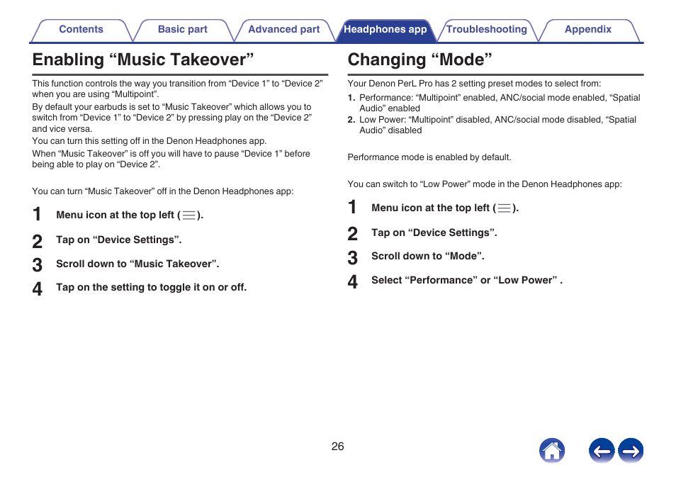 Enabling “music takeover, Changing “mode | Denon PerL Pro True-Wireless Earbuds User Manual | Page 26 / 35