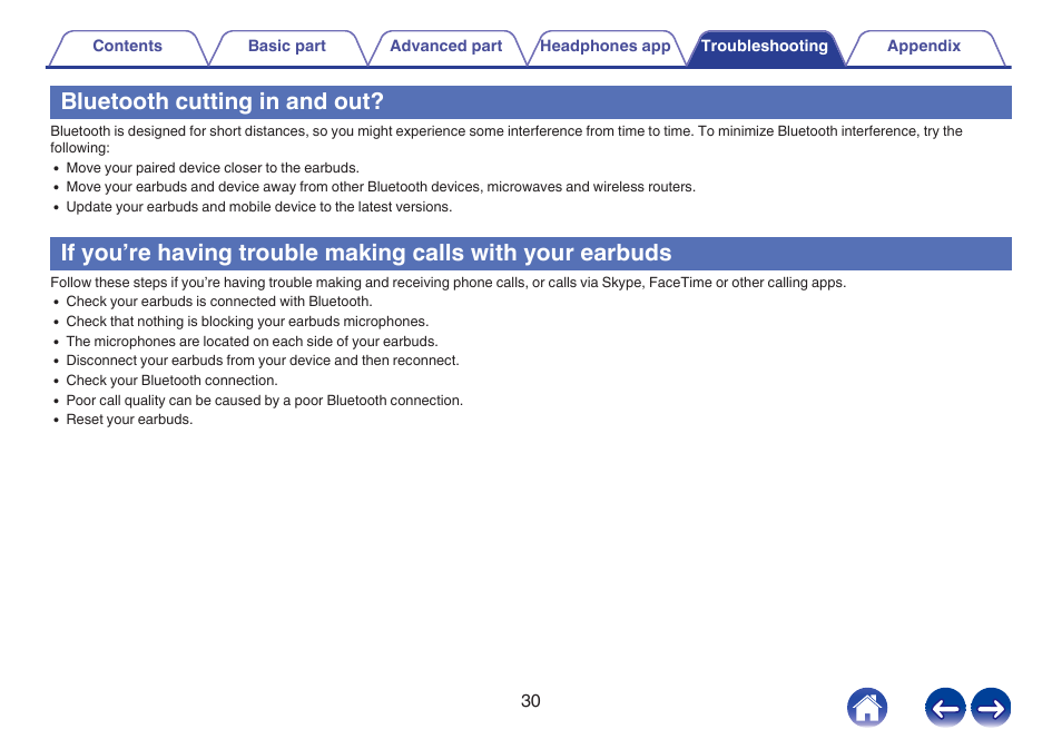 Bluetooth cutting in and out | Denon PerL Pro True-Wireless Earbuds User Manual | Page 30 / 35