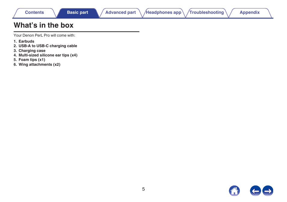 What’s in the box | Denon PerL Pro True-Wireless Earbuds User Manual | Page 5 / 35
