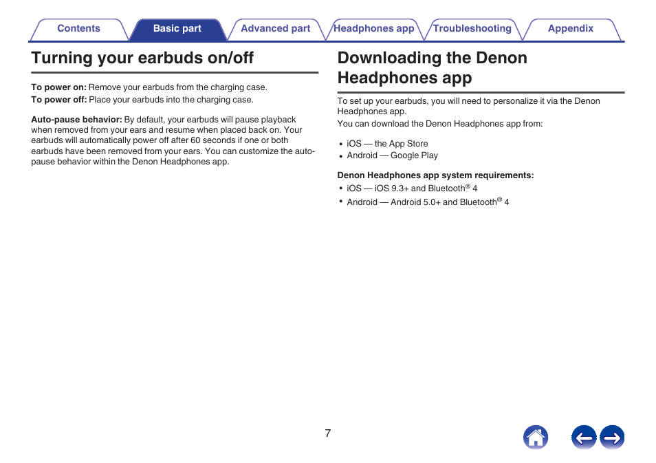Turning your earbuds on/off, Downloading the denon headphones app | Denon PerL Pro True-Wireless Earbuds User Manual | Page 7 / 35