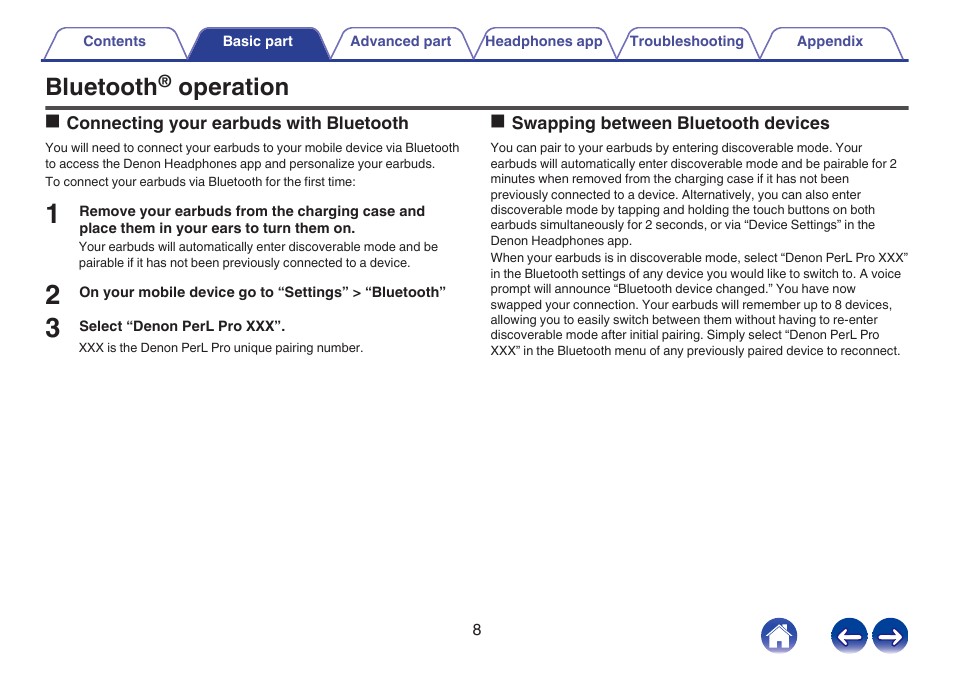 Bluetooth, Operation | Denon PerL Pro True-Wireless Earbuds User Manual | Page 8 / 35