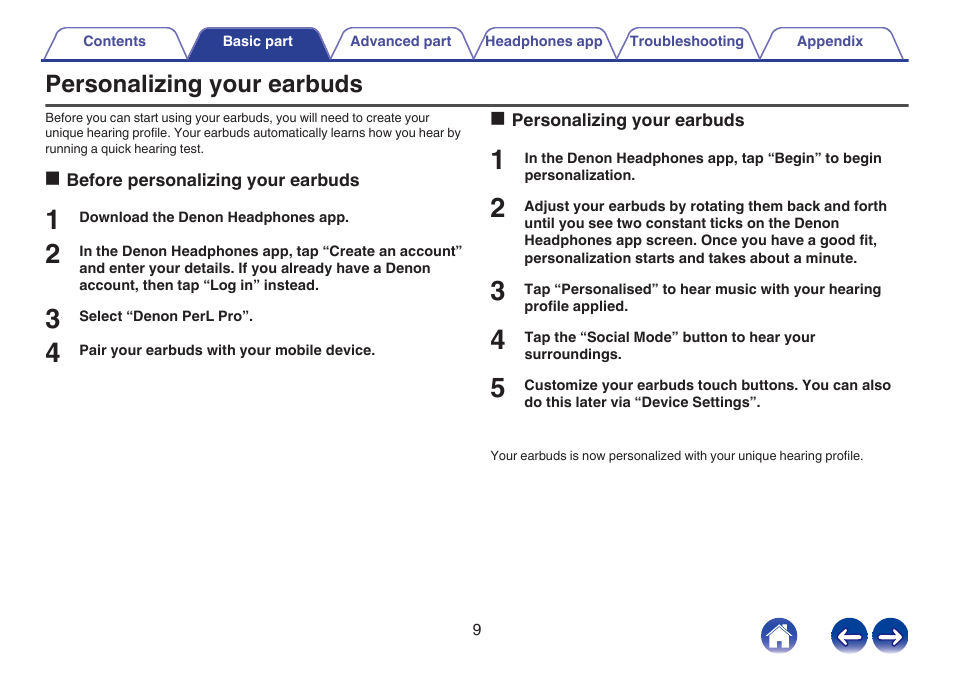 Personalizing your earbuds | Denon PerL Pro True-Wireless Earbuds User Manual | Page 9 / 35