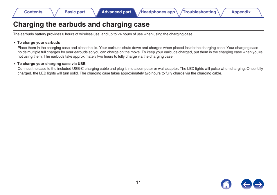 Advanced part, Charging the earbuds and charging case | Denon PerL True-Wireless Earbuds User Manual | Page 11 / 31