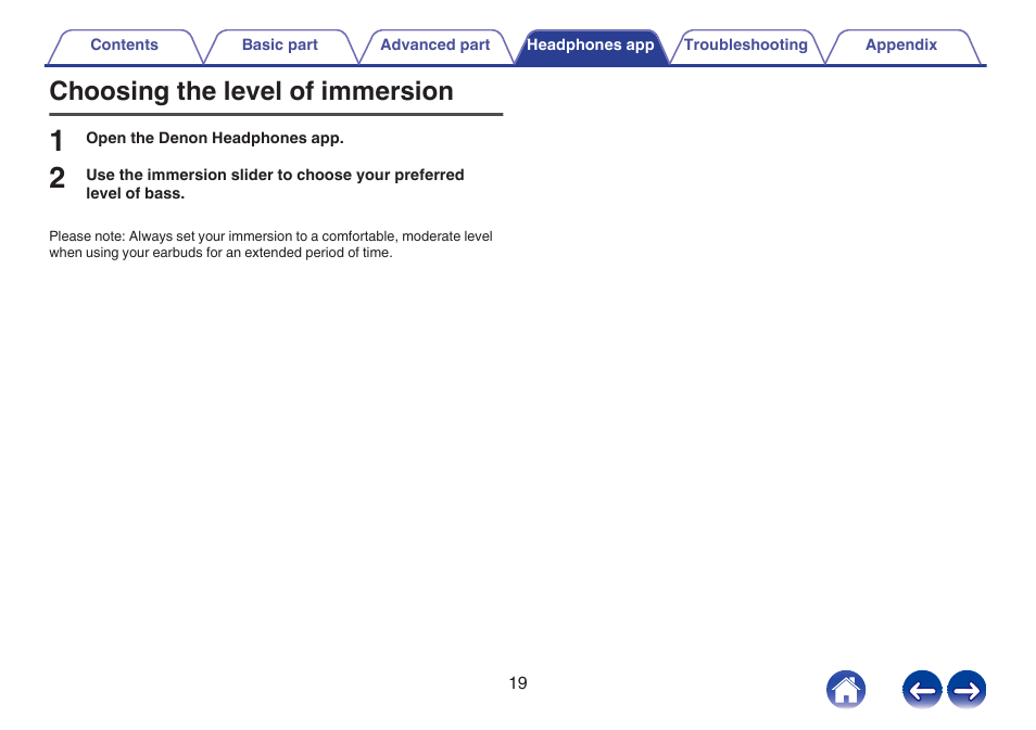 Choosing the level of immersion | Denon PerL True-Wireless Earbuds User Manual | Page 19 / 31