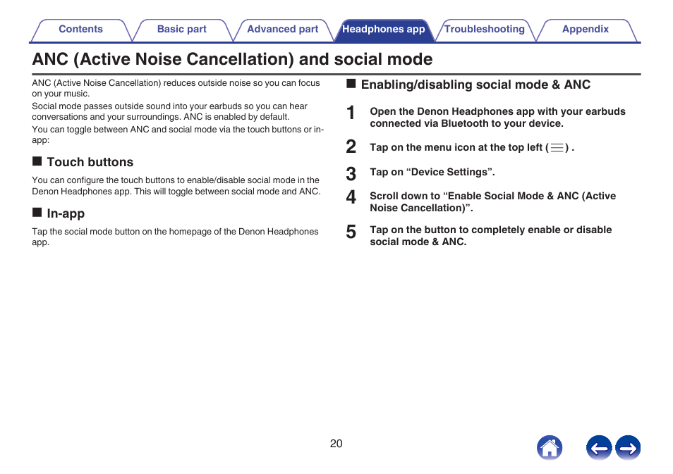 Anc (active noise cancellation) and social mode | Denon PerL True-Wireless Earbuds User Manual | Page 20 / 31