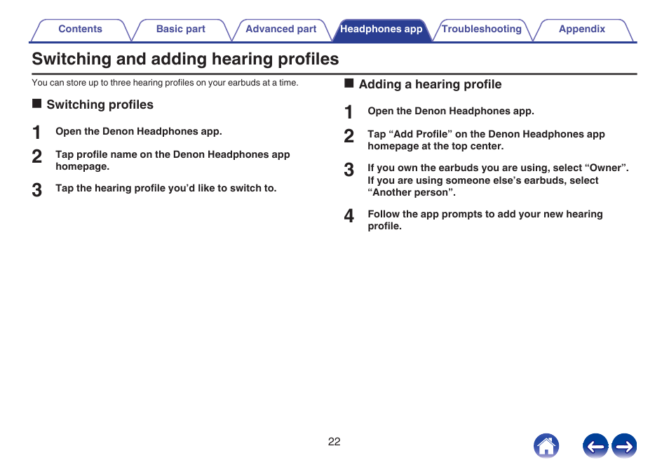 Switching and adding hearing profiles | Denon PerL True-Wireless Earbuds User Manual | Page 22 / 31