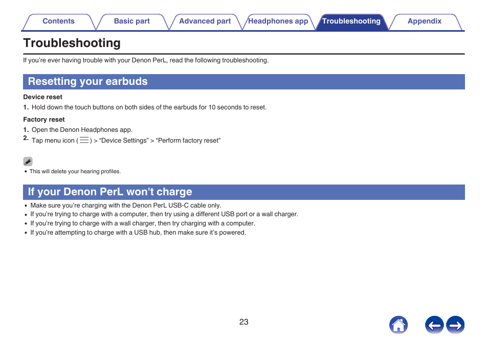 Troubleshooting, Resetting your earbuds, If your denon perl won't charge | Denon PerL True-Wireless Earbuds User Manual | Page 23 / 31