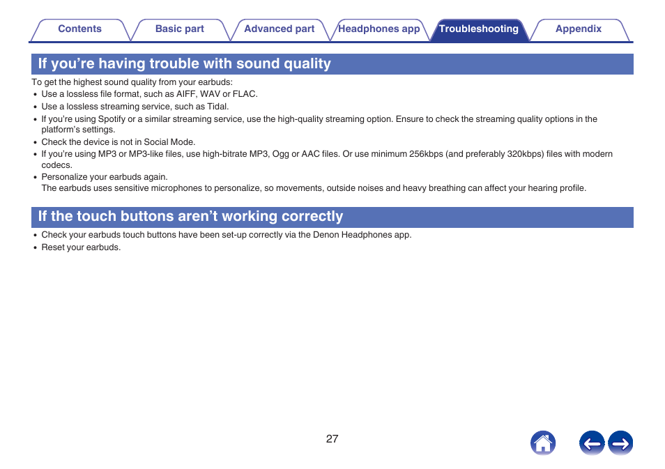 If you’re having trouble with sound quality, If the touch buttons aren’t working correctly | Denon PerL True-Wireless Earbuds User Manual | Page 27 / 31