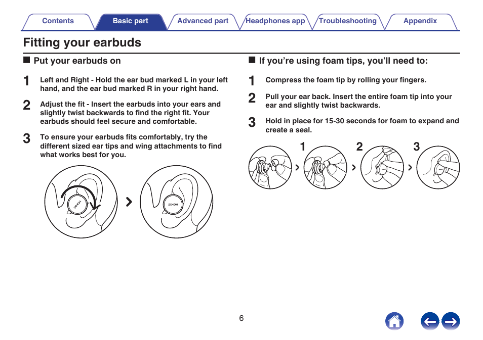 Fitting your earbuds | Denon PerL True-Wireless Earbuds User Manual | Page 6 / 31