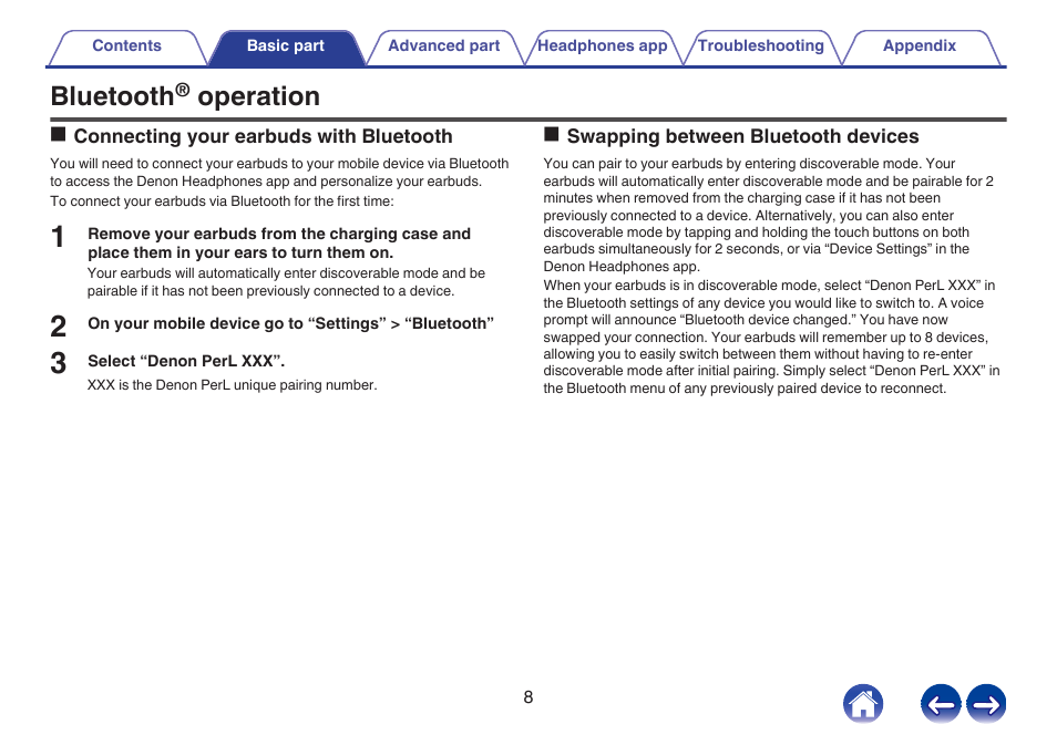 Bluetooth, Operation | Denon PerL True-Wireless Earbuds User Manual | Page 8 / 31