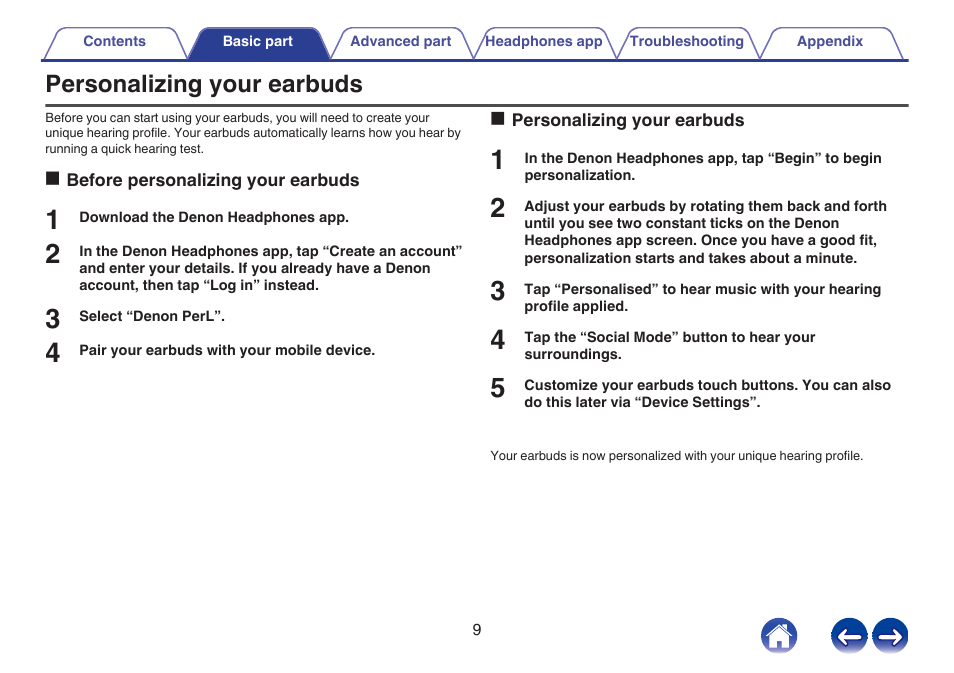 Personalizing your earbuds | Denon PerL True-Wireless Earbuds User Manual | Page 9 / 31
