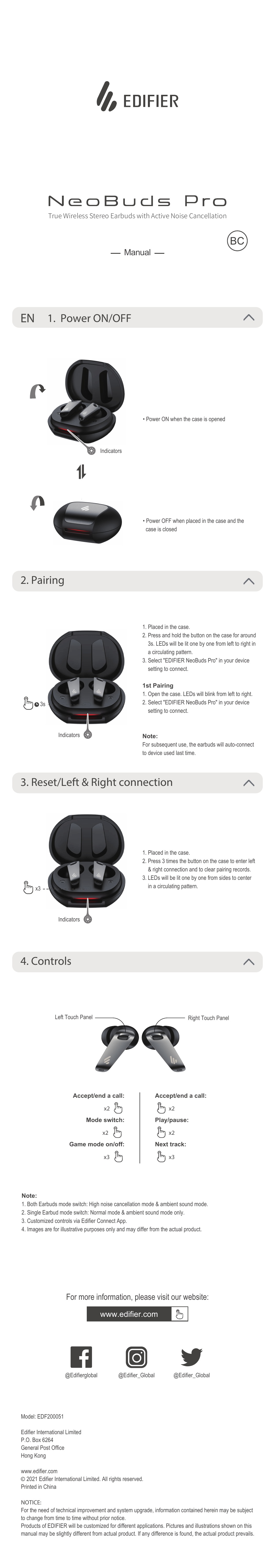 Edifier NeoBuds Pro Noise-Canceling True Wireless In-Ear Headphones (Black) User Manual | 7 pages