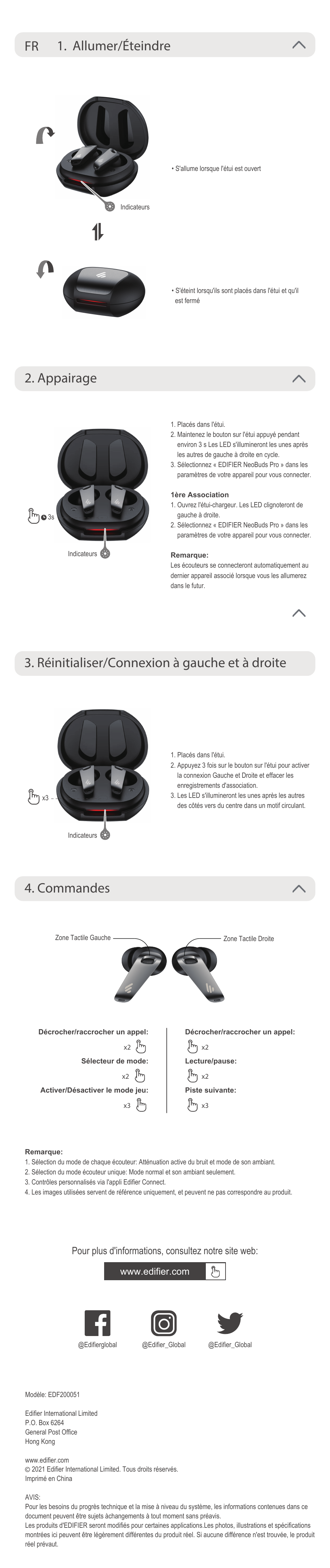 Allumer/éteindre fr 2. appairage 4. commandes, Réinitialiser/connexion à gauche et à droite, Pour plus d'informations, consultez notre site web | Edifier NeoBuds Pro Noise-Canceling True Wireless In-Ear Headphones (Black) User Manual | Page 2 / 7