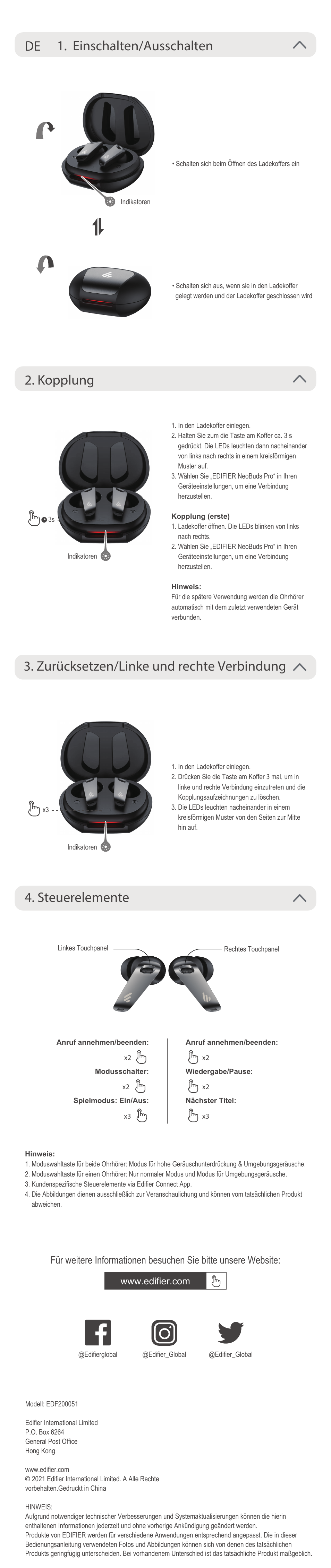 Zurücksetzen/linke und rechte verbindung | Edifier NeoBuds Pro Noise-Canceling True Wireless In-Ear Headphones (Black) User Manual | Page 4 / 7