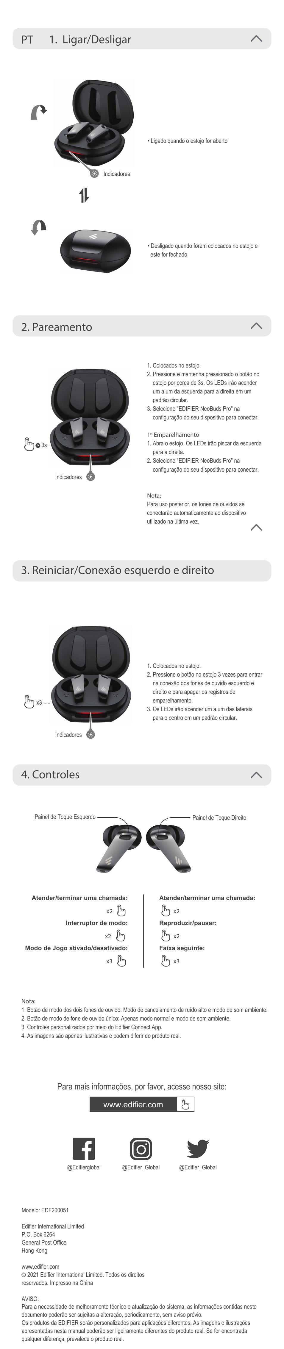 Controles 1. ligar/desligar pt 2. pareamento, Reiniciar/conexão esquerdo e direito | Edifier NeoBuds Pro Noise-Canceling True Wireless In-Ear Headphones (Black) User Manual | Page 6 / 7