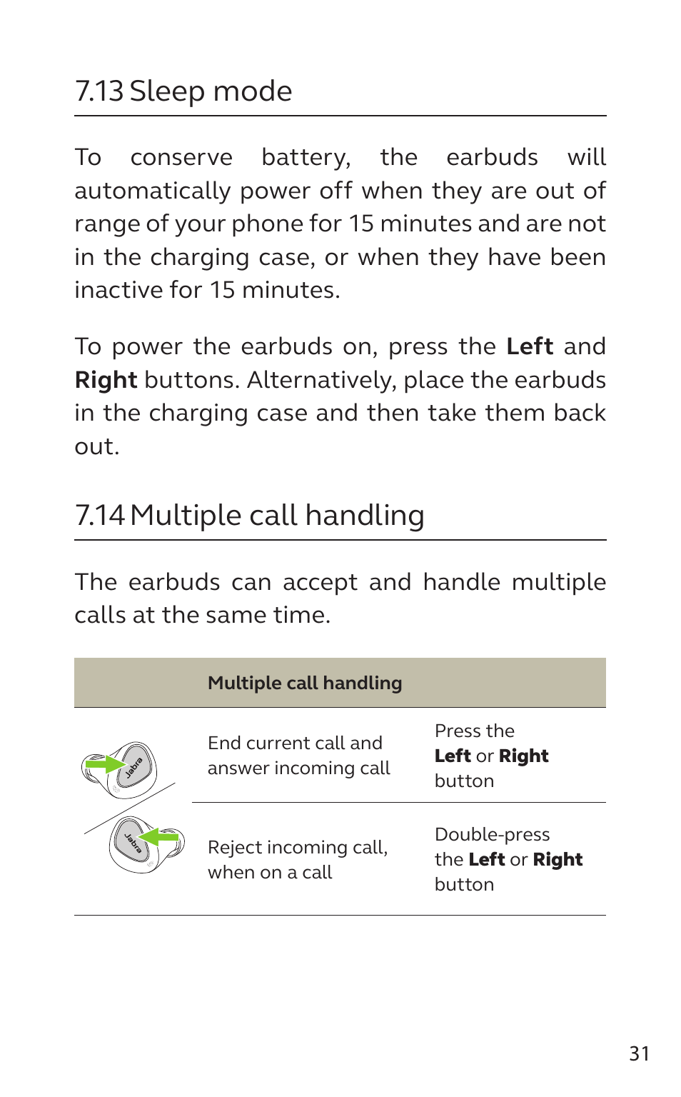 13 sleep mode, 14 multiple call handling, English | Jabra Elite 5 Earbuds (Canada, Gold/Beige) User Manual | Page 31 / 37