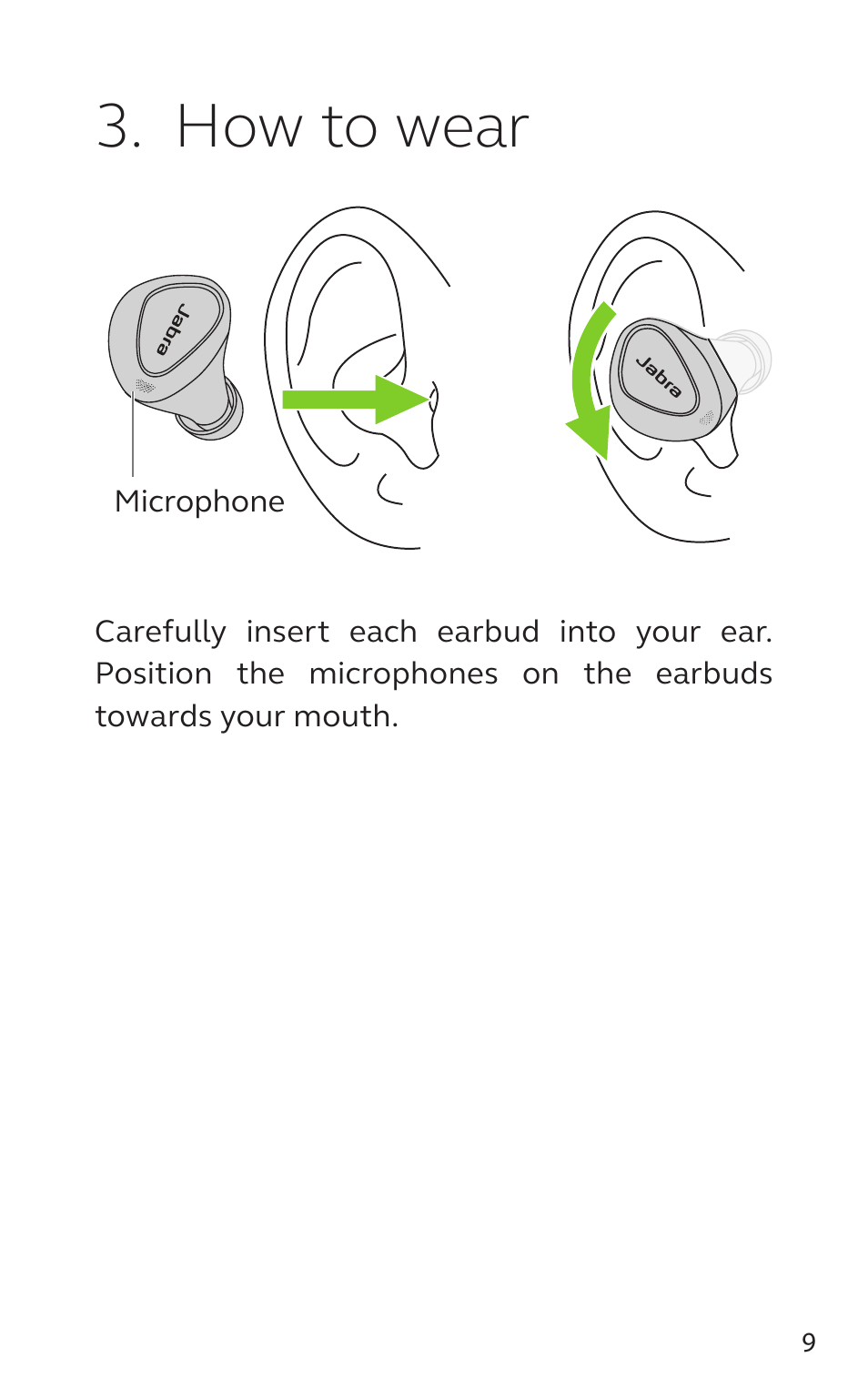 How to wear | Jabra Elite 5 Earbuds (Canada, Gold/Beige) User Manual | Page 9 / 37