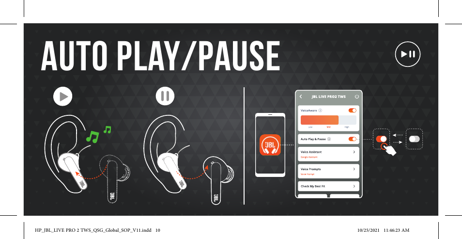 Auto play/pause | JBL Live Pro 2 Noise-Canceling True Wireless In-Ear Headphones (Silver) User Manual | Page 10 / 44