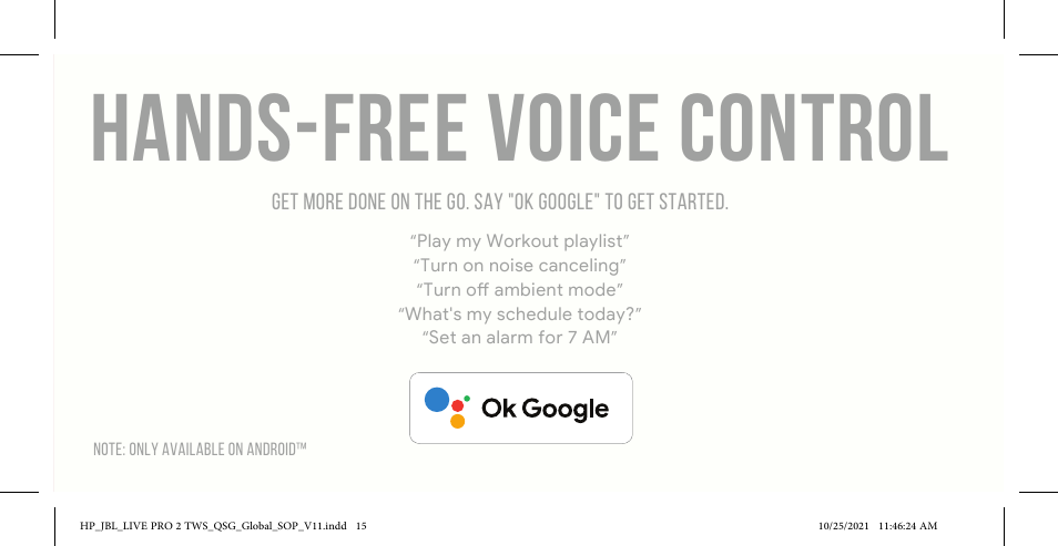 Hands-free voice control, Do more with the app | JBL Live Pro 2 Noise-Canceling True Wireless In-Ear Headphones (Silver) User Manual | Page 15 / 44