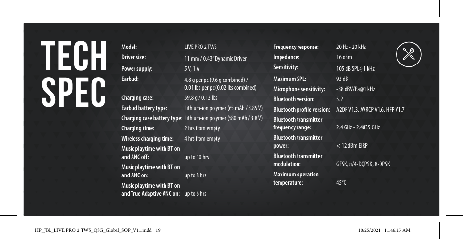 Tech spec, Led behaviors | JBL Live Pro 2 Noise-Canceling True Wireless In-Ear Headphones (Silver) User Manual | Page 19 / 44