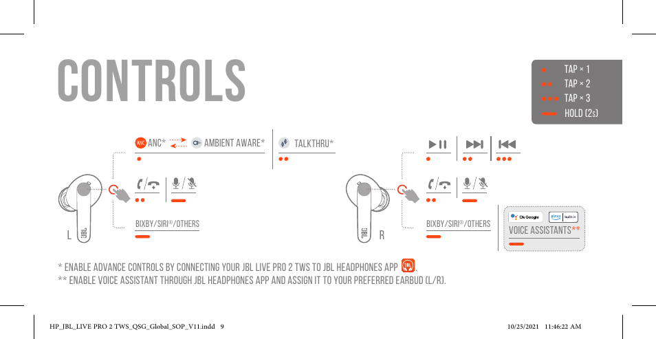 Controls | JBL Live Pro 2 Noise-Canceling True Wireless In-Ear Headphones (Silver) User Manual | Page 9 / 44