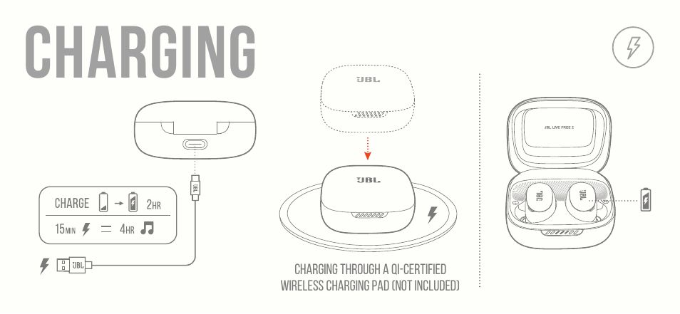 Charging, Hands-free voice control | JBL Live Free 2 TWS Noise-Canceling True Wireless In-Ear Headphones (Black) User Manual | Page 17 / 42