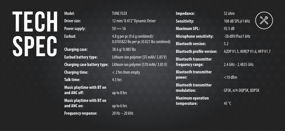 Led behaviors, Tech spec | JBL Tune Flex True Wireless Noise-Cancelling Earbuds (Blue) User Manual | Page 15 / 36