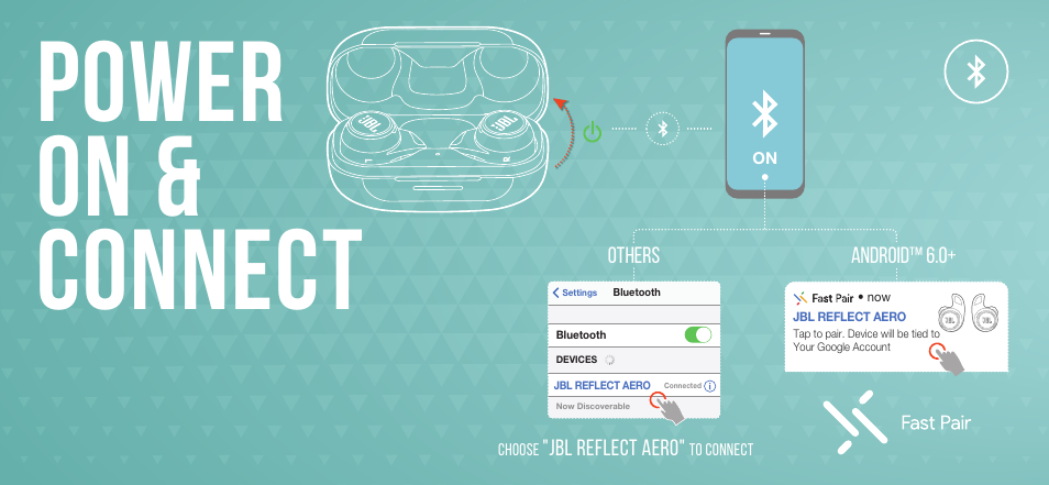 Power on & connect | JBL Reflect Aero Noise-Canceling True Wireless In-Ear Headphones (Black) User Manual | Page 7 / 44