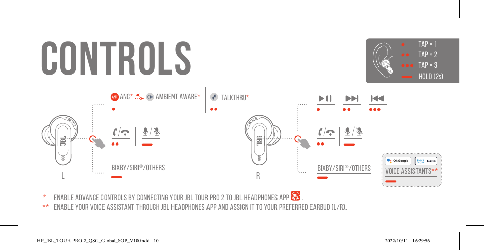 Controls | JBL Tour Pro 2 Noise-Canceling True Wireless In-Ear Earbuds with Smart Case (Black) User Manual | Page 10 / 48