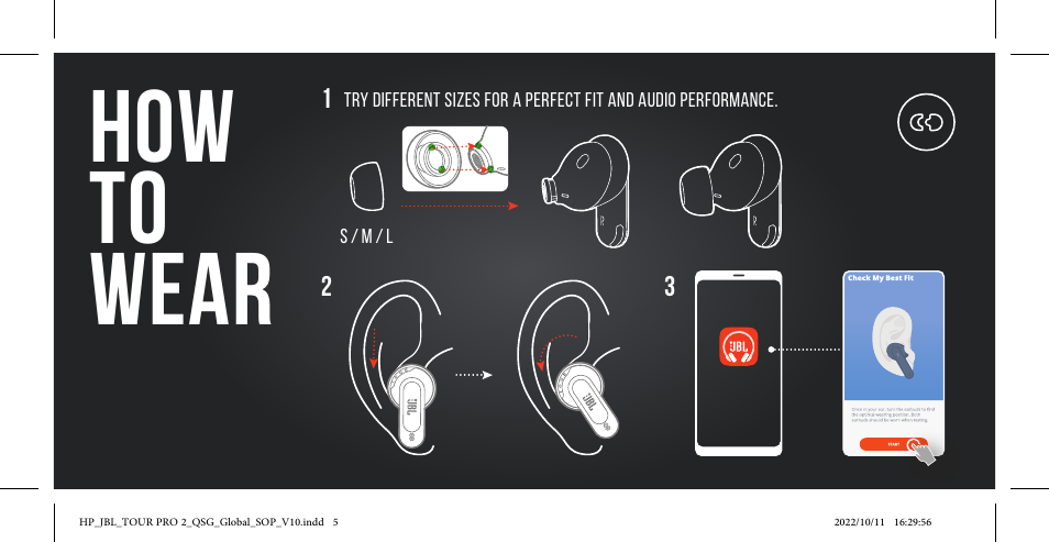 How to wear | JBL Tour Pro 2 Noise-Canceling True Wireless In-Ear Earbuds with Smart Case (Black) User Manual | Page 5 / 48