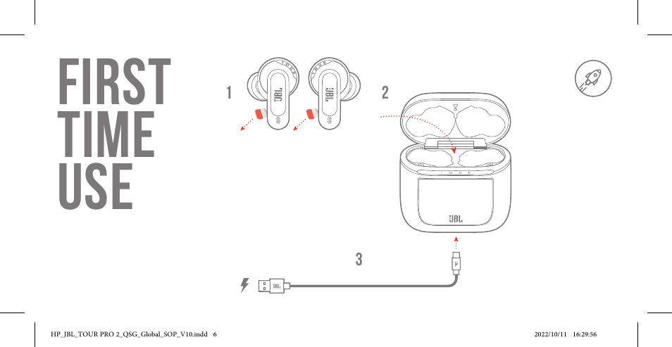 First time use | JBL Tour Pro 2 Noise-Canceling True Wireless In-Ear Earbuds with Smart Case (Black) User Manual | Page 6 / 48