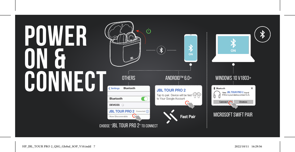 Power on & connect | JBL Tour Pro 2 Noise-Canceling True Wireless In-Ear Earbuds with Smart Case (Black) User Manual | Page 7 / 48