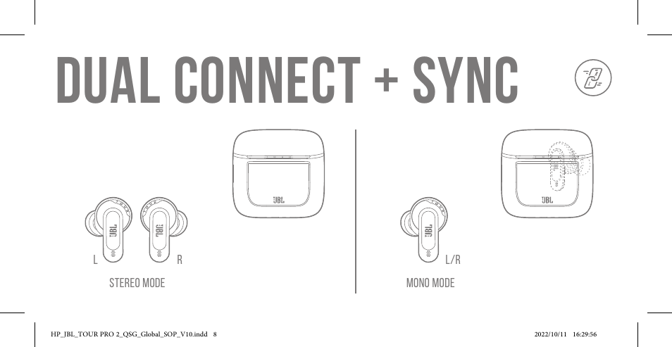 Dual connect + sync | JBL Tour Pro 2 Noise-Canceling True Wireless In-Ear Earbuds with Smart Case (Black) User Manual | Page 8 / 48