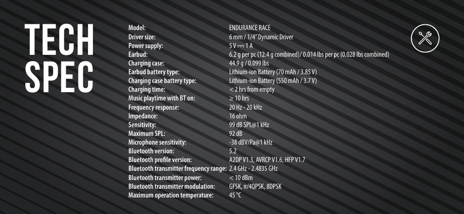 Tech spec | JBL Endurance Race TWS True Wireless In-Ear Sport Headphones (Black) User Manual | Page 17 / 40