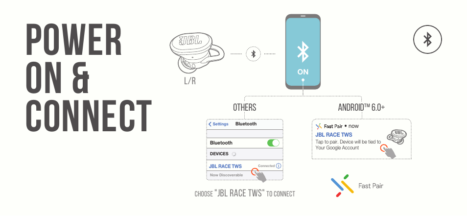 Power on & connect | JBL Endurance Race TWS True Wireless In-Ear Sport Headphones (Black) User Manual | Page 8 / 40