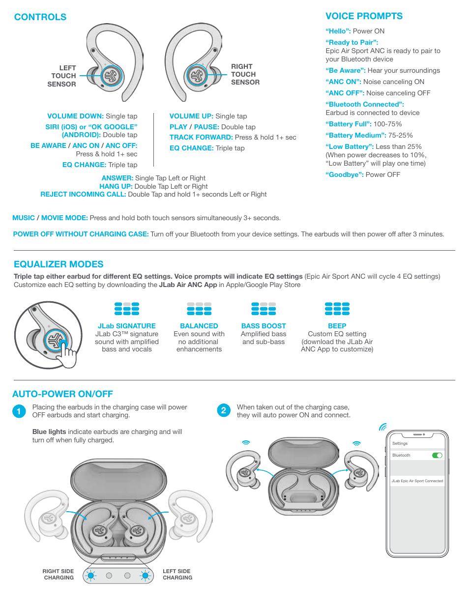 Voice prompts, Controls, Equalizer modes | Auto-power on/off | JLab Audio Epic Air Sport ANC True Wireless Earbuds User Manual | Page 2 / 4