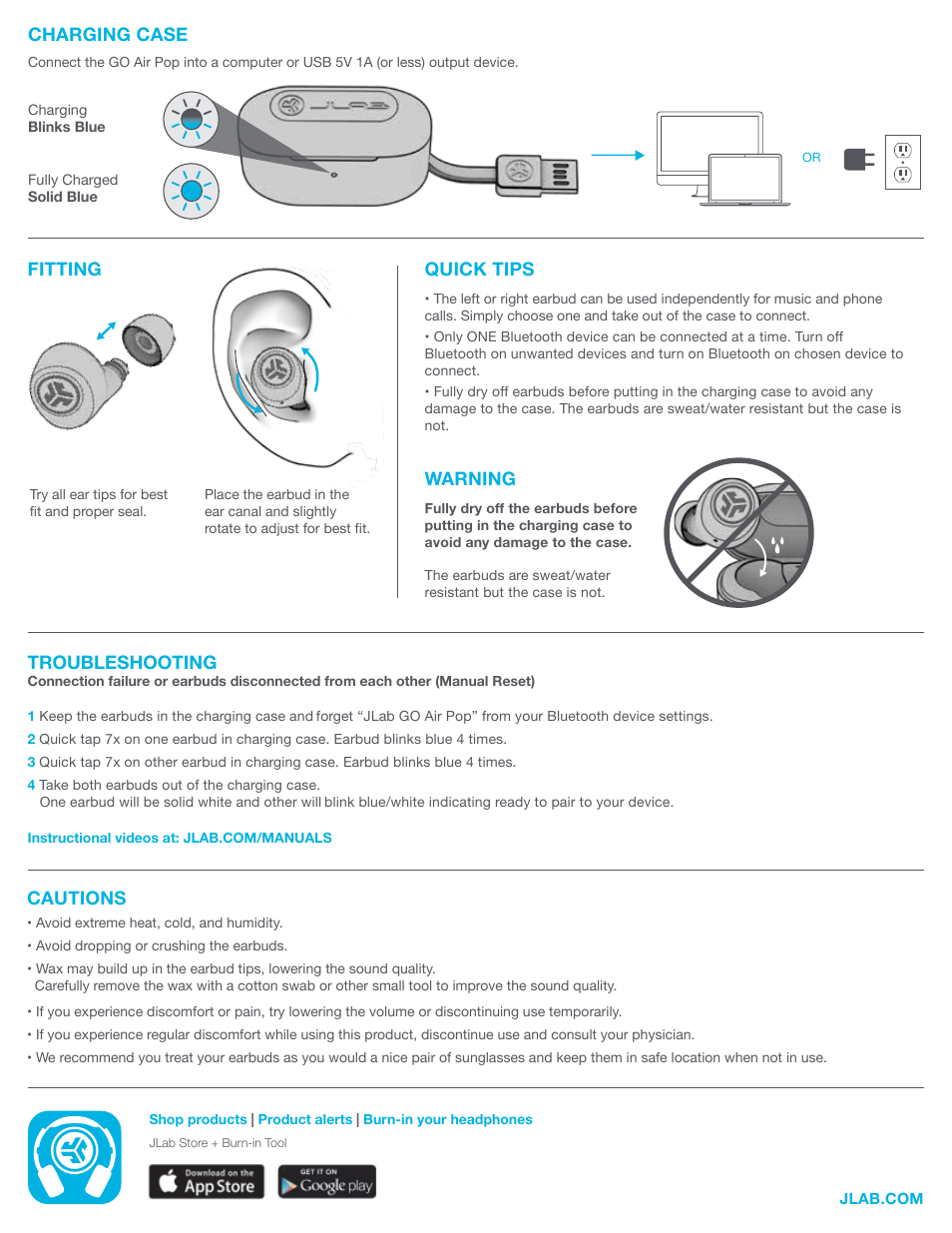 Fitting, Charging case, Cautions | Quick tips warning, Troubleshooting | JLab Audio GO Air POP True Wireless Earbuds (Black) User Manual | Page 3 / 3