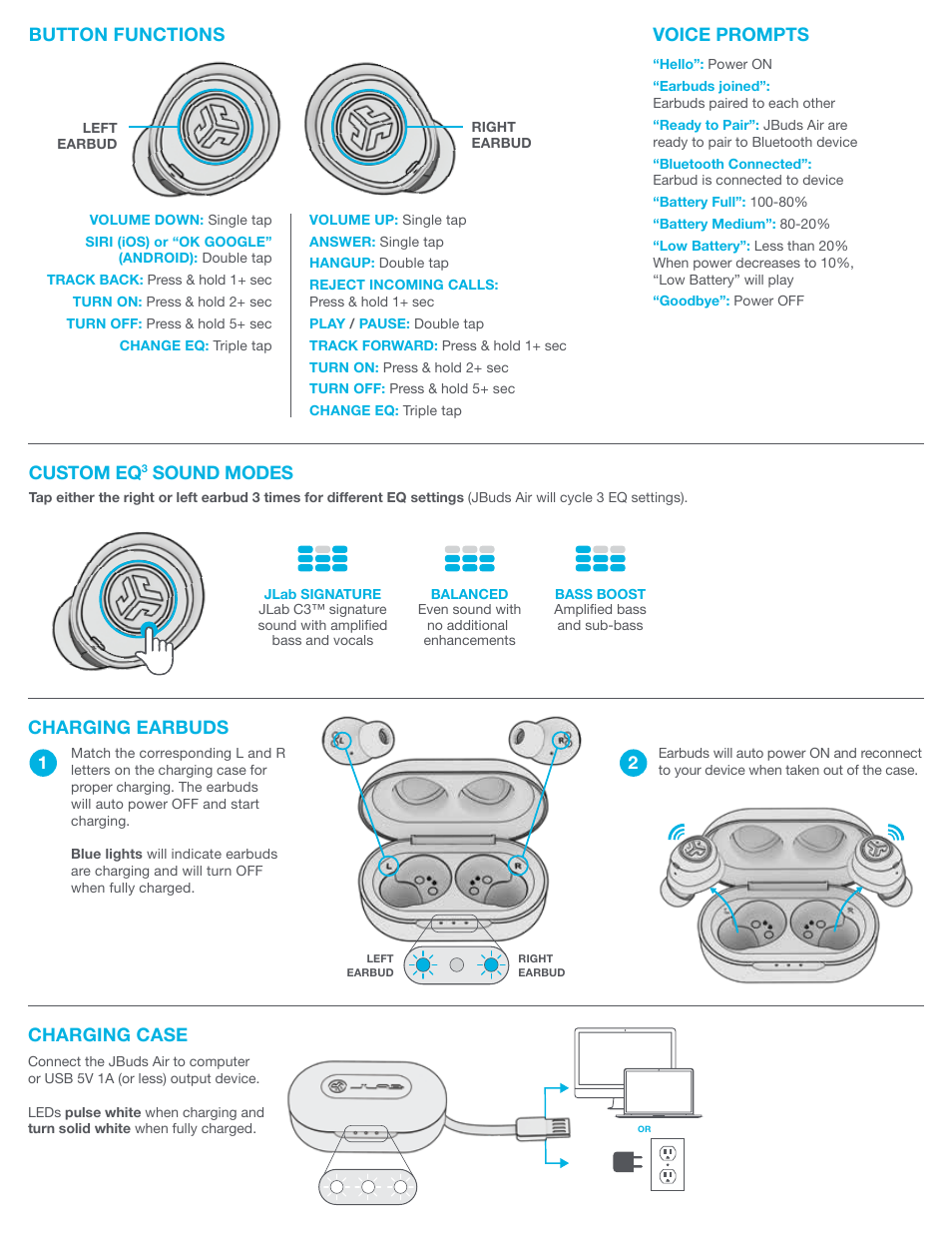 Voice prompts, Button functions, Custom eq | Sound modes, Charging earbuds, Charging case | JLab Audio JBuds Air True Wireless Earbuds (White) User Manual | Page 2 / 4