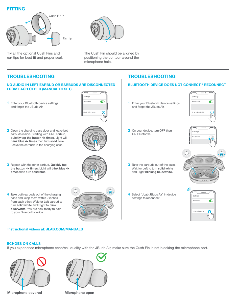 Troubleshooting fitting, Troubleshooting | JLab Audio JBuds Air True Wireless Earbuds (White) User Manual | Page 3 / 4