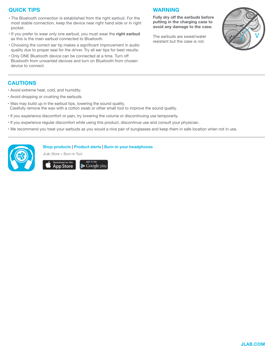 Cautions, Quick tips warning | JLab Audio JBuds Air True Wireless Earbuds (White) User Manual | Page 4 / 4